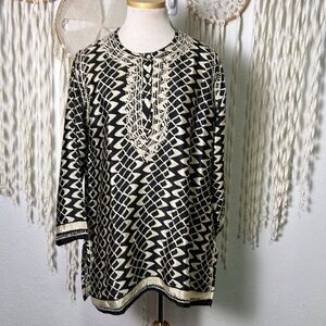 Dolma Black And Beige Silk Long Sleeve Embroidered Tunic Top Size Large
